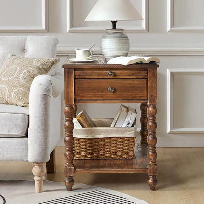 Spindle Nightstands with Charging Station, Solid Wood Nightstand with Drawer Shelf, Side Table with Pull-Out Shelf (Walnut)