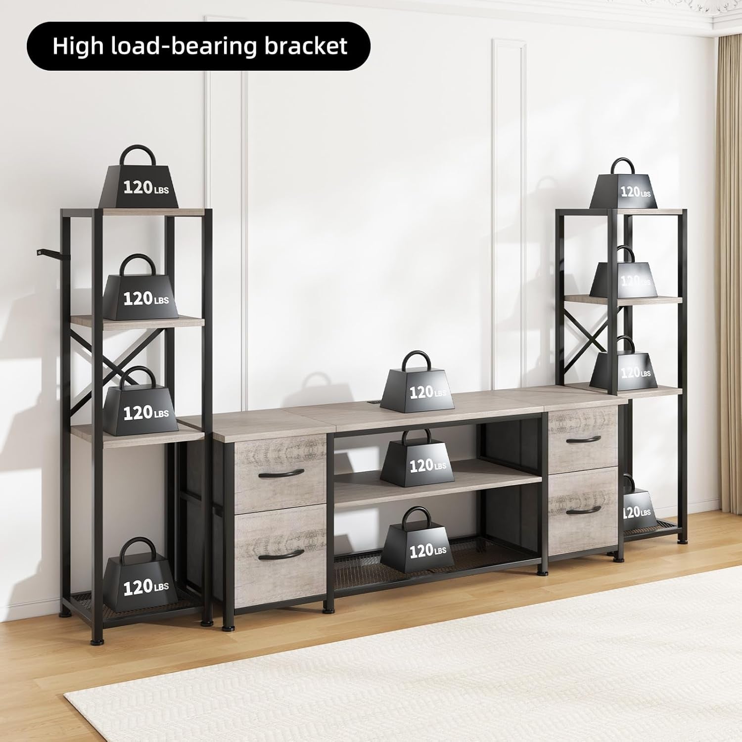 LED TV Stand 60 Inch for Living Room with Charging Station, Entertainment Center with 2 Industrial Bookshelves, Modern Console Cabinet with Storage Drawers (Greige)