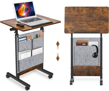 Height Adjustable Standing Desk with Storage Bag Widths16 in Length 24 In, Portable Rolling Mobile Stand up Table with Wheels, 360 Degree Flip Laptop Computer Desk for Home Office, Rustic Brown