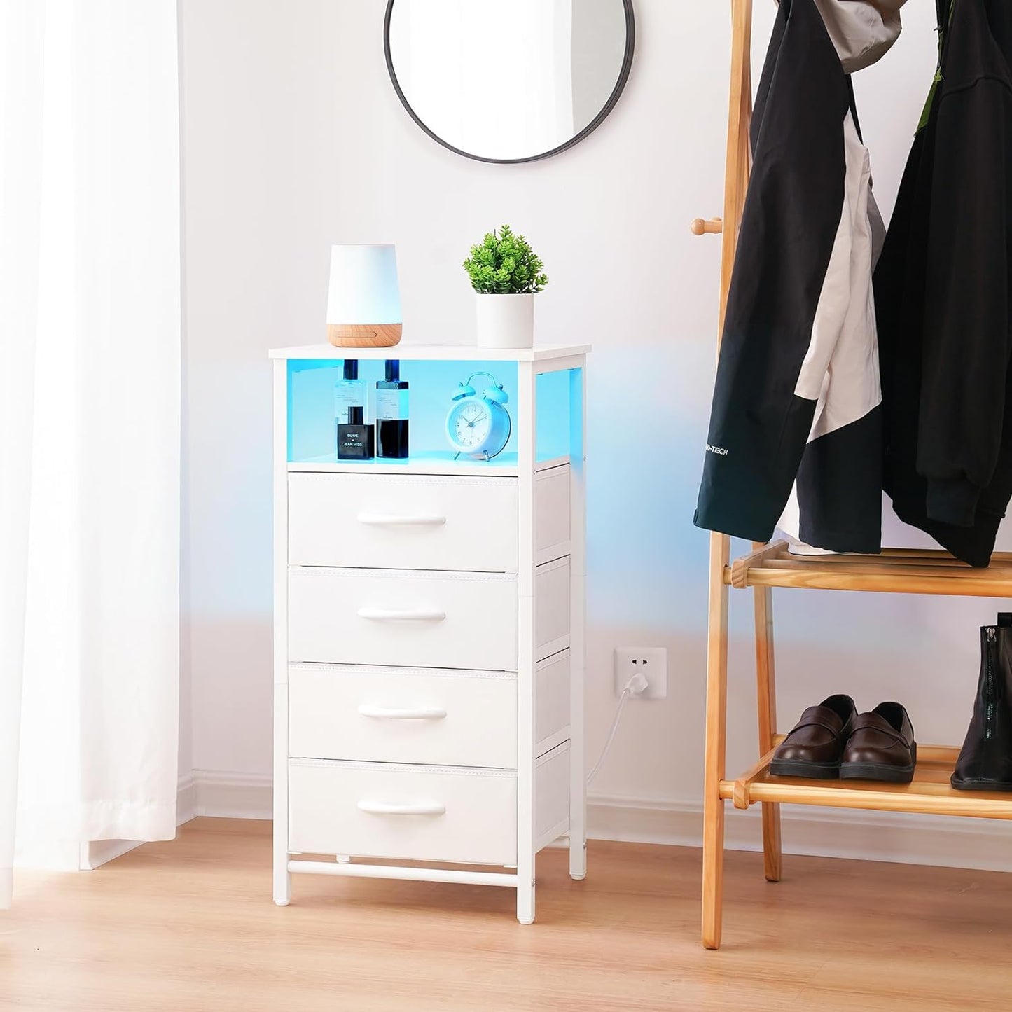 Night Stand - LED White Nightstand with Charging Station, Bedside Table with 4 Storage Drawers and Storage Shelf, End Table with USB Ports and Outlets, Tall Dresser for Bedroom