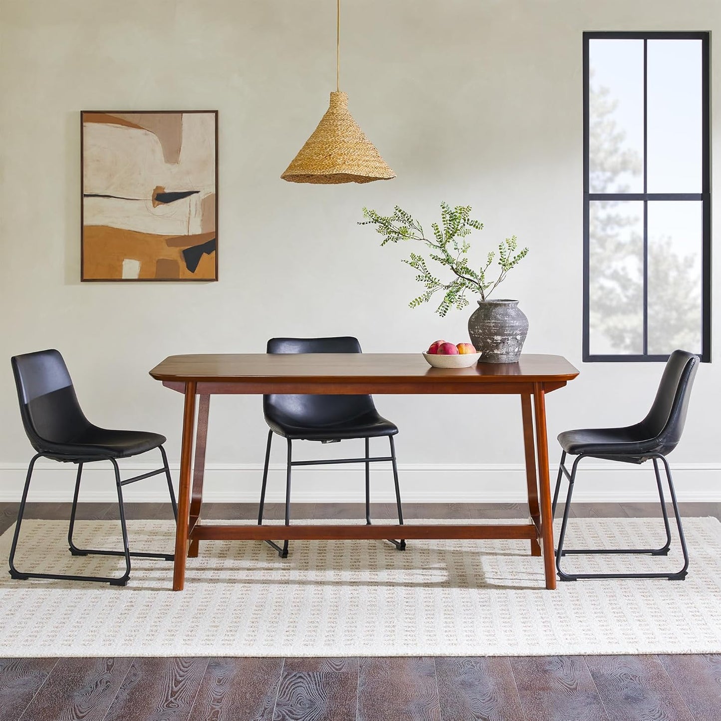 Mid-Century Modern Solid Wood Trestle Base Dining Table, 60 Inch, Walnut Veneer