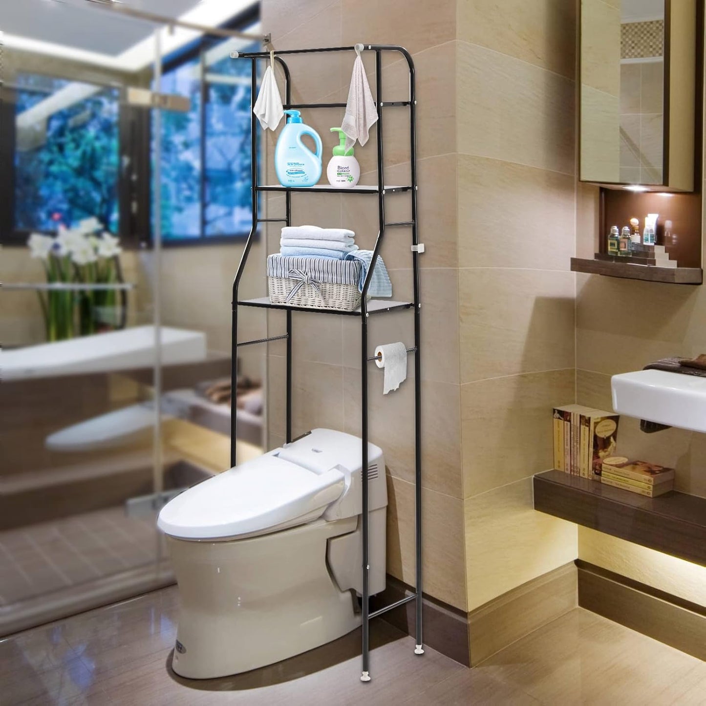 3-Tier over the Toilet Storage, Freestanding Bathroom Shelf with 4 Hooks, over Toilet Wire Shelving for Bathroom Storage, Black