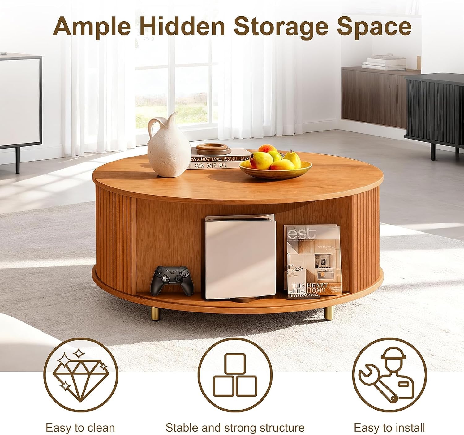 round Coffee Table, 31.5" Mid Century Modern Coffee Table with 360° Sliding Tambour Door, Fluted Accent Coffee Table with Storage,Adjustable Footpads for Living Room, Yellow Walnut