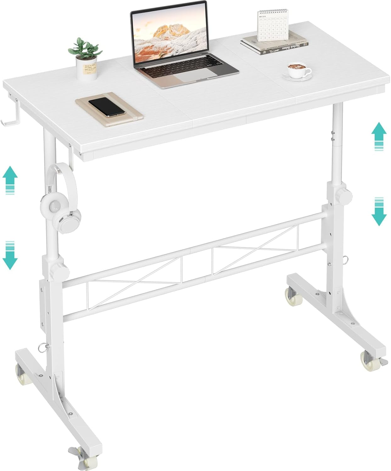 Small Portable Treadmill Walking Pad Desk on Wheels, 32 Inch White Adjustable Height Mobile Rolling Standing Teacher Desks, Couch Sofa Side Laptop Stand up Table for Bedroom, White