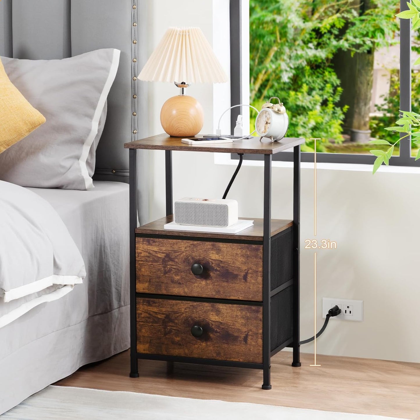 Night Stand Set 2, Nightstand with Charging Station, End Tables with Storage Shelf for Small Spaces, Bedside Table Side Tables with 2 Fabric Drawers for Bedroom, Rustic Brown, HETS020PBR