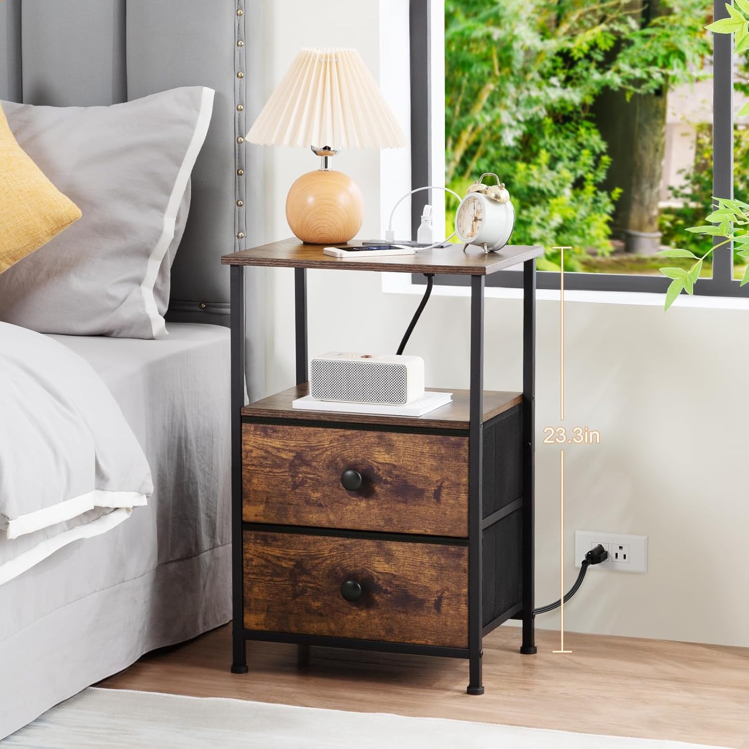 Night Stand Set 2, Nightstand with Charging Station, End Tables with Storage Shelf for Small Spaces, Bedside Table Side Tables with 2 Fabric Drawers for Bedroom, Rustic Brown, HETS020PBR