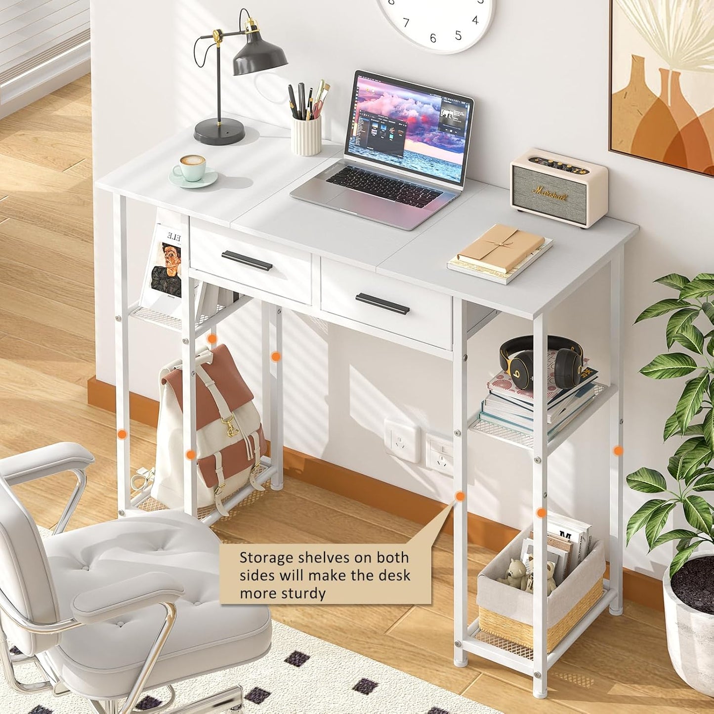 White Computer Desk with Drawers, 37.3 Inch Home Office Work Desk with Storage Shelf, Kids Teens Study Table for Small Space, Small Writing PC Table for Bedroom Makeup Vanity Desk