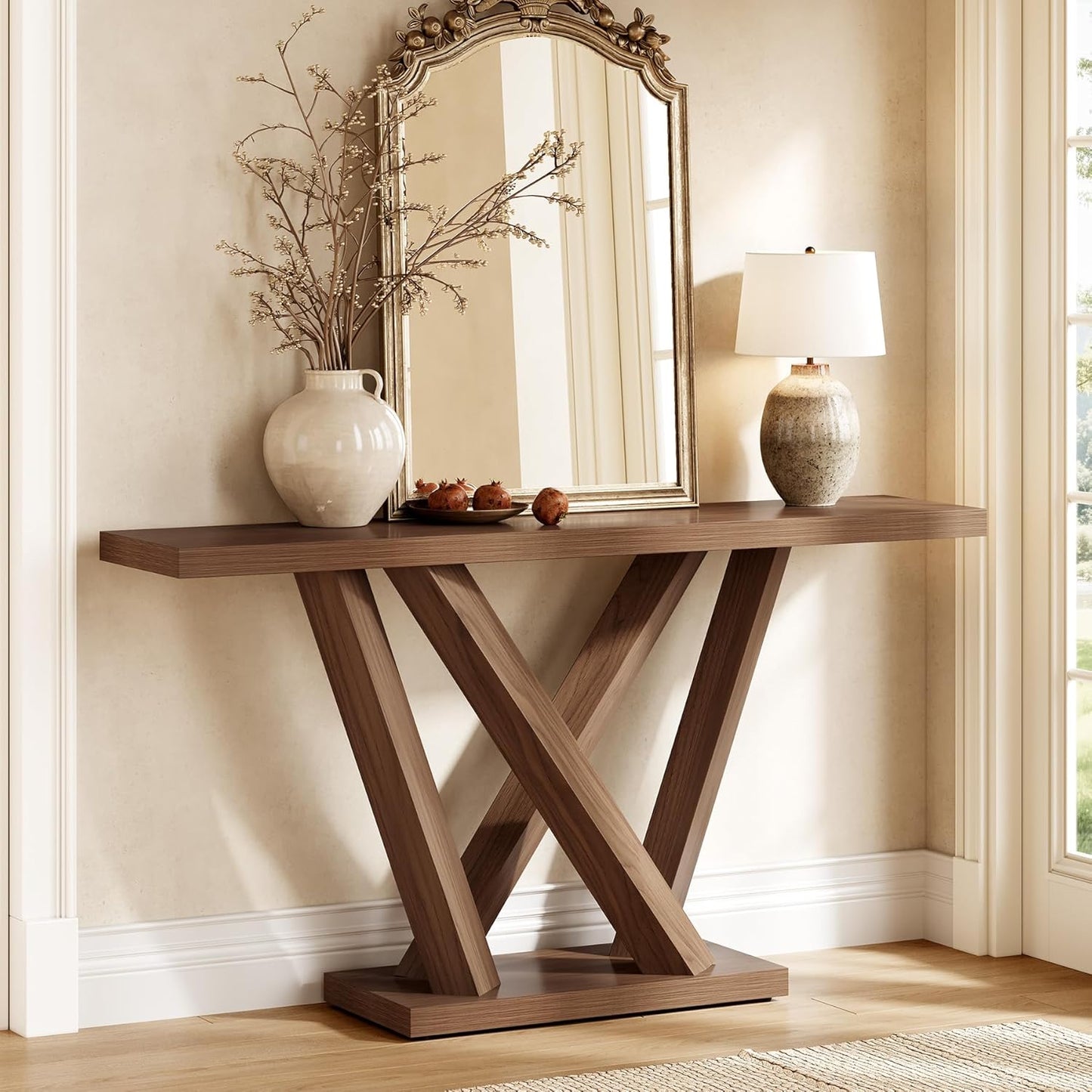 63-Inch Console Table with Geometric Base, Modern Long Narrow Accent Sofa Table behind the Couch, Wood Entryway Table for Hallway, Foyer, Living Room, Dark Brown