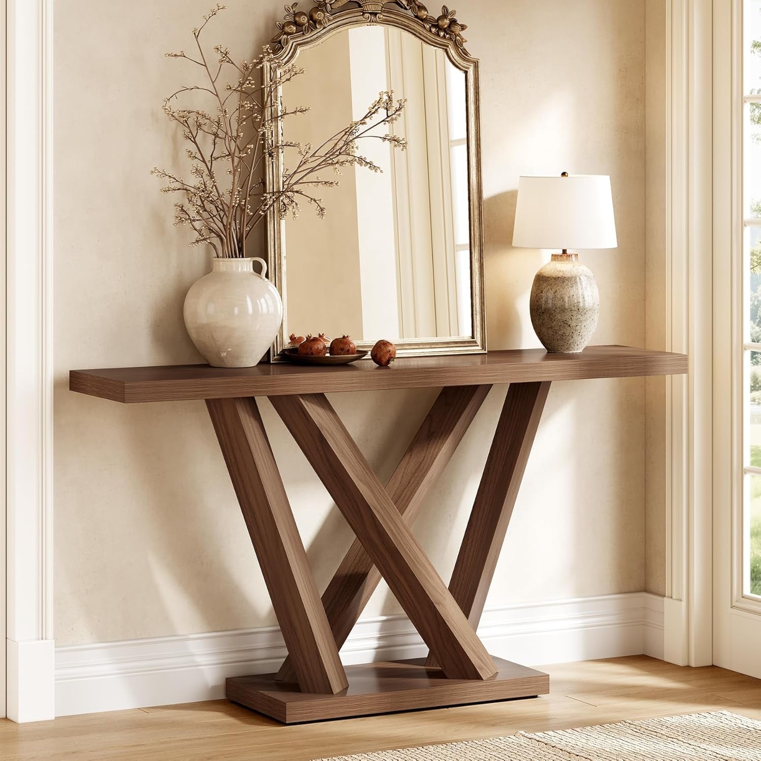 63-Inch Console Table with Geometric Base, Modern Long Narrow Accent Sofa Table behind the Couch, Wood Entryway Table for Hallway, Foyer, Living Room, Dark Brown