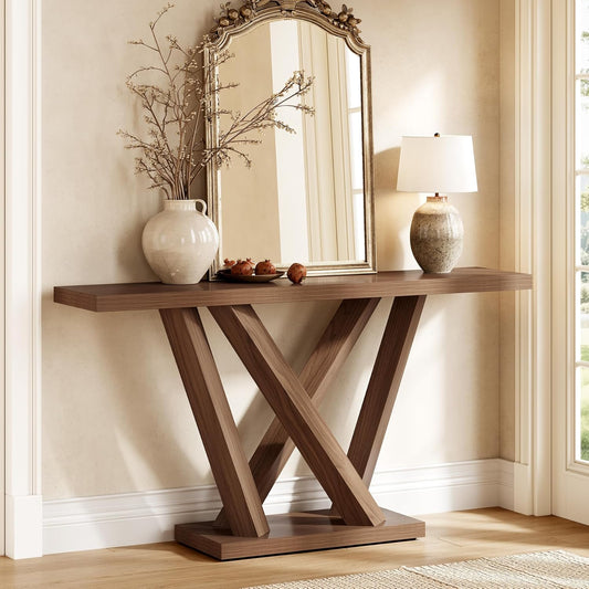63-Inch Console Table with Geometric Base, Modern Long Narrow Accent Sofa Table behind the Couch, Wood Entryway Table for Hallway, Foyer, Living Room, Dark Brown