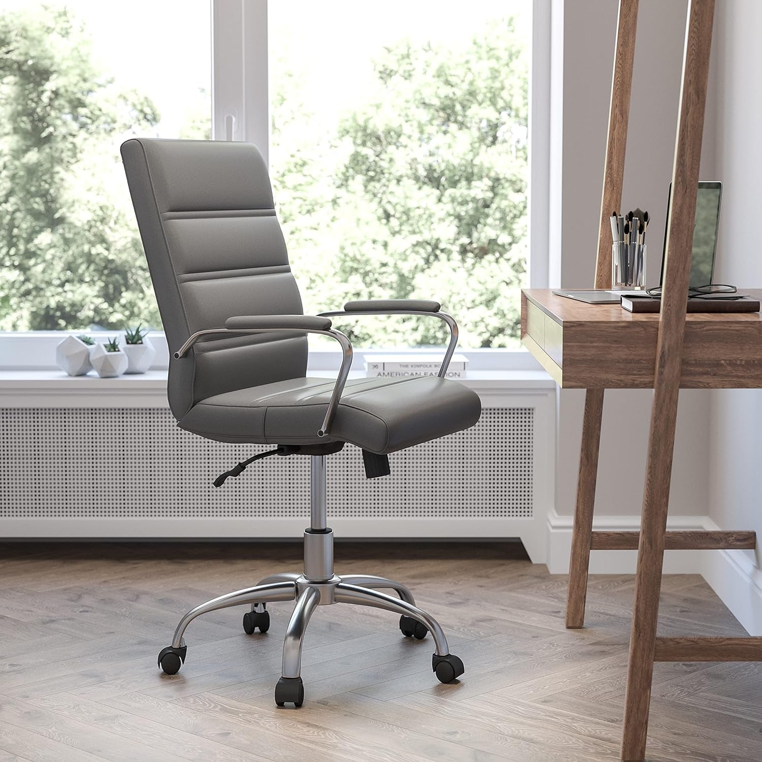Whitney Mid-Back Swivel Leathersoft Desk Chair with Padded Seat and Armrests, Adjustable Height Padded Office Chair, Gray/Chrome