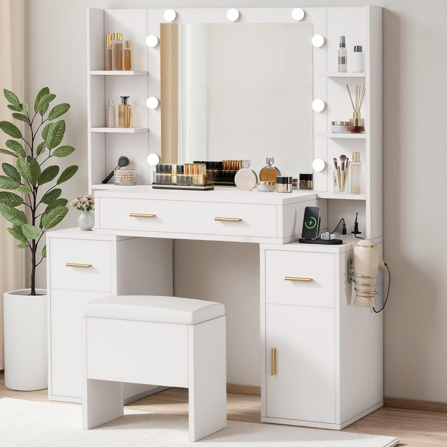 Makeup Vanity Set with Mirror & 3-Mode Lights, Vanity Desk with Storage Stool, Power Outlet, Shelves, Drawers & Hair Tool Holder, Dressing Table for Apartment Dorm Guest Room, White