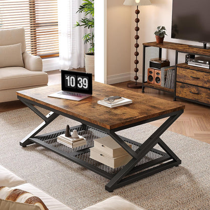 Coffee Table with Storage, Modern Coffee Tables for Living Room with Mesh Shelf, 2 Tier Rectangular Center Table for Living Room, Bedroom, 39.4 Inch, Rustic Brown