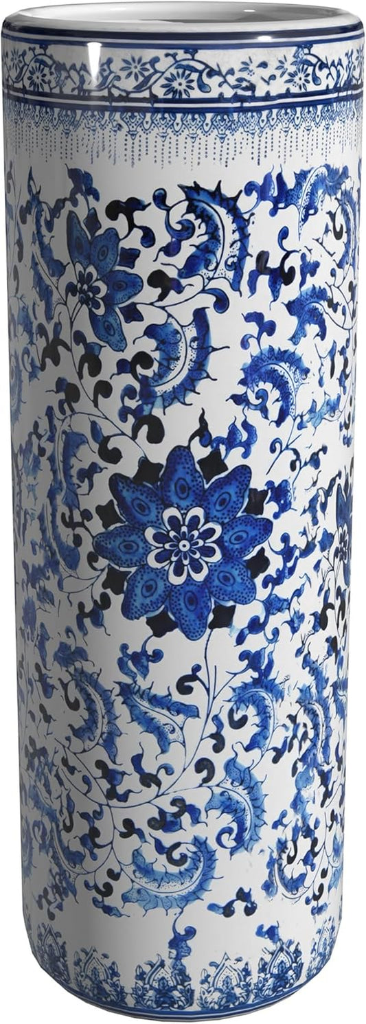 24" Floral Blue & White Porcelain Umbrella Stand