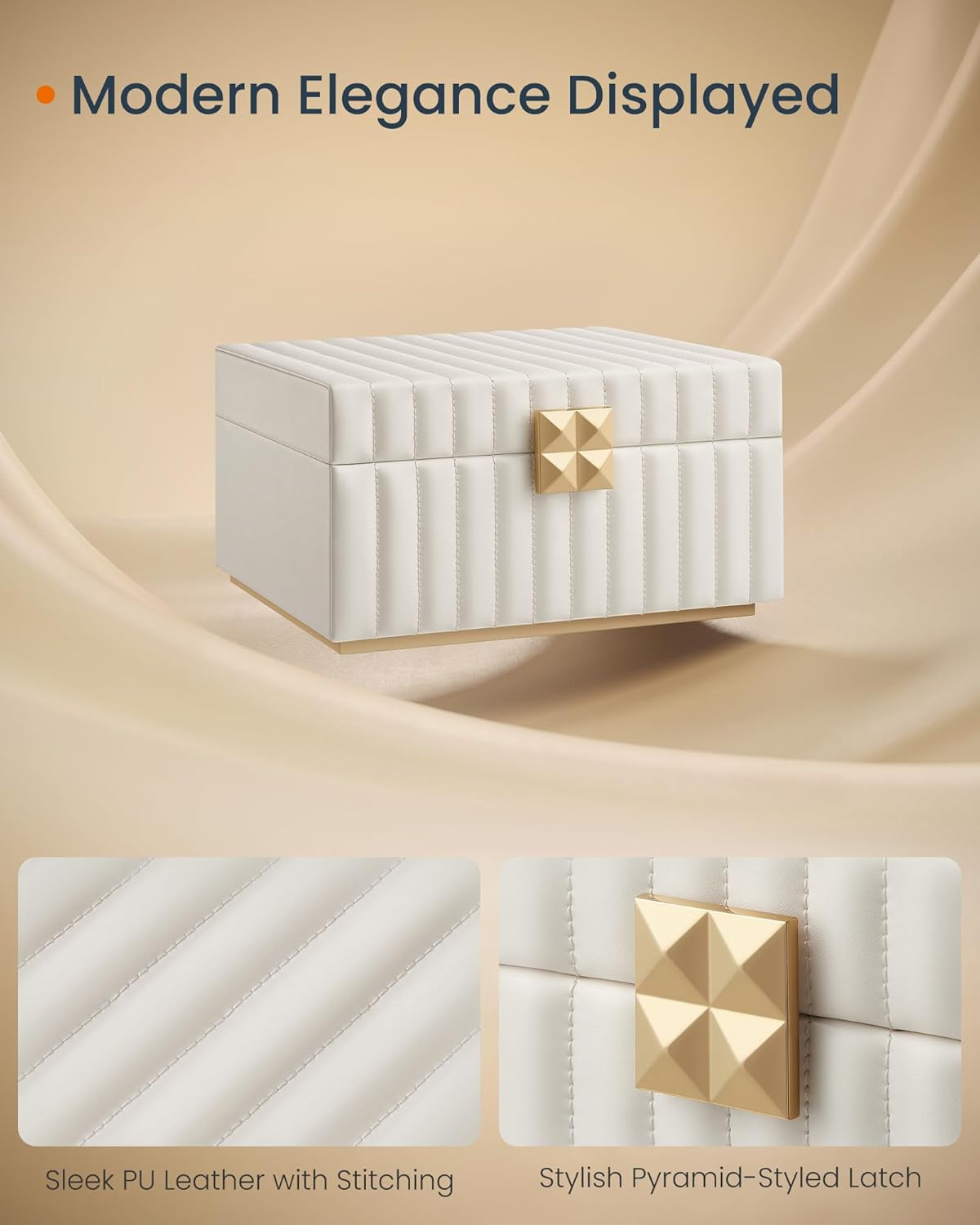 HOME 2-Tier Jewelry Box with Mirror, Jewelry Organizer, Removable Tray, PU Surface with Stitching, Floating Effect, 8.5 X 9.4 X 5.3 Inches, Cloud White, ANAH Collection UJBC182W01