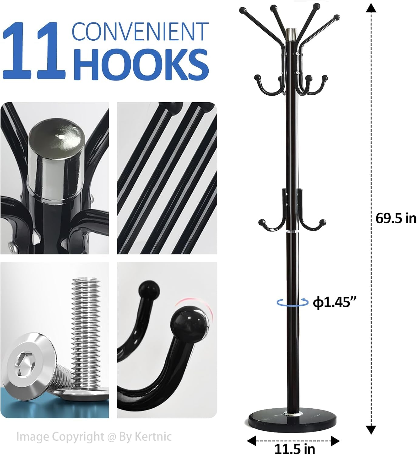Modern Coat Rack Freestanding with Natural Marble Base & Sturdy Metal Frame, 11 Hooks Hall Tree for Jackets, Hats, Bags, Entryway Organizer for Bedroom, Living Room, Closet (Black)