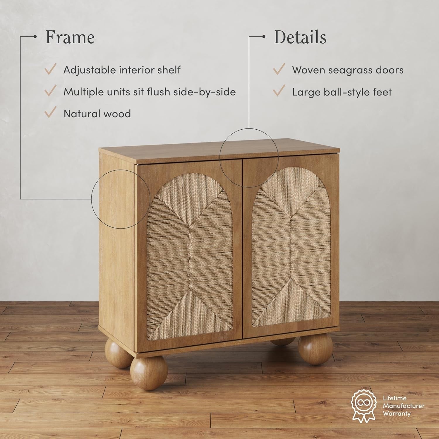 Leah Boho Entryway Storage Cabinet or Sideboard Cabinet for Kitchen or Living Room with Ball-Style Feet, Natural Seagrass Door Fronts and Solid Wood Legs, Light Brown