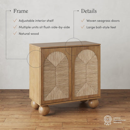 Leah Boho Entryway Storage Cabinet or Sideboard Cabinet for Kitchen or Living Room with Ball-Style Feet, Natural Seagrass Door Fronts and Solid Wood Legs, Light Brown