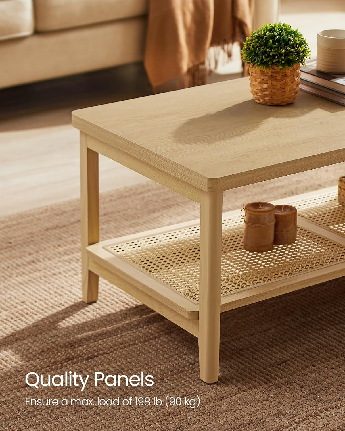 2-Tier Coffee Table for Living Room, Rectangular Living Room Table, with PVC Rattan Storage Shelf, Rounded Corners, Easy Assembly, Boho Style, 21.7 X 39.4 X 17.7 Inches, Oak Beige ULCT240Y57
