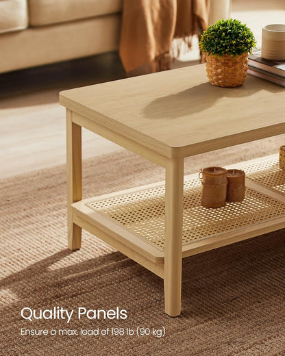 2-Tier Coffee Table for Living Room, Rectangular Living Room Table, with PVC Rattan Storage Shelf, Rounded Corners, Easy Assembly, Boho Style, 21.7 X 39.4 X 17.7 Inches, Oak Beige ULCT240Y57