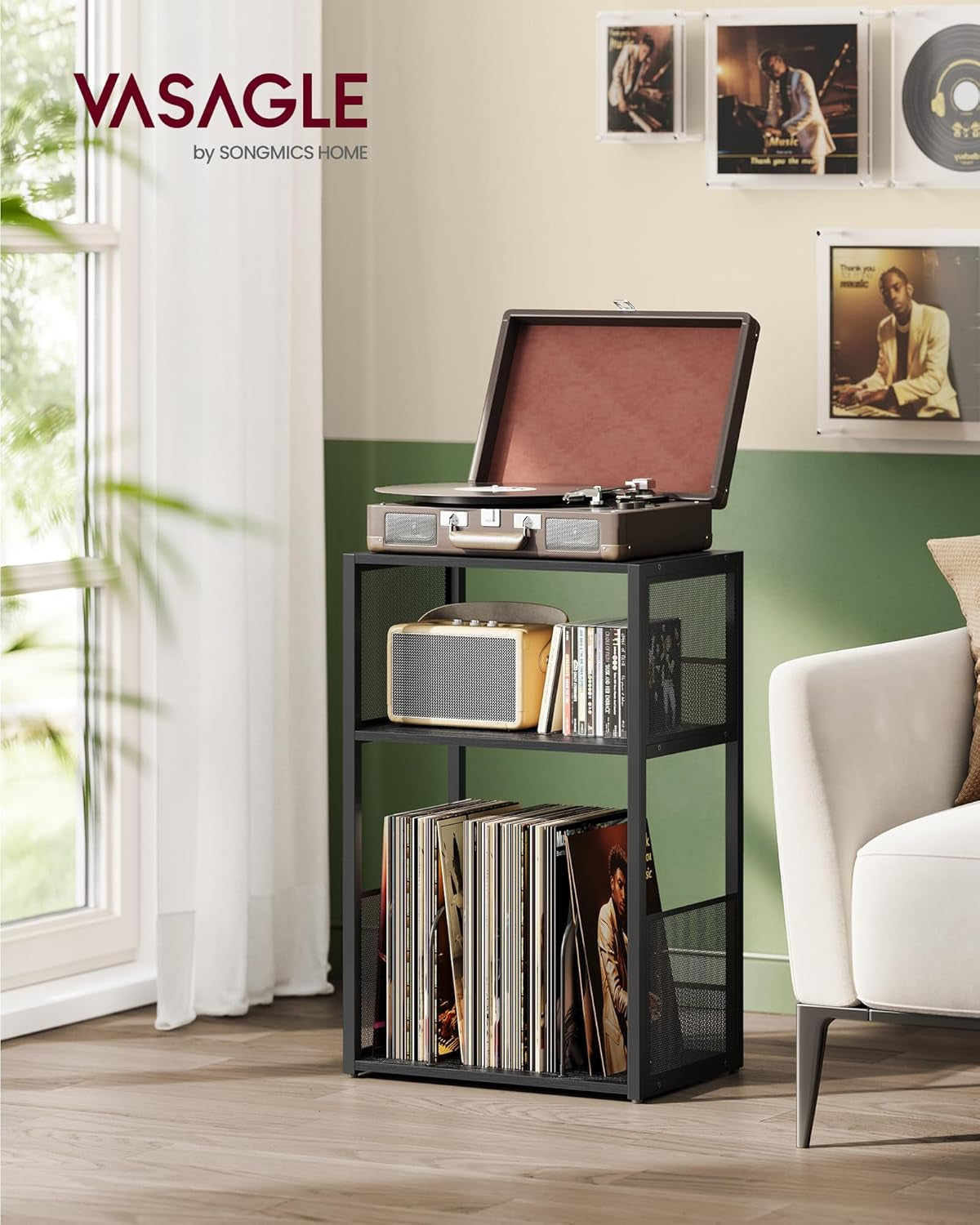 Record Player Stand, 3-Tier Side Table, Vinyl Record Storage up to 100 Albums, End Table for Living Room, Bedroom, Ebony Black ULET275B01