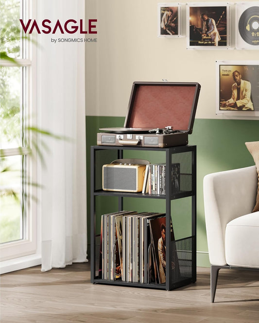 Record Player Stand, 3-Tier Side Table, Vinyl Record Storage up to 100 Albums, End Table for Living Room, Bedroom, Ebony Black ULET275B01