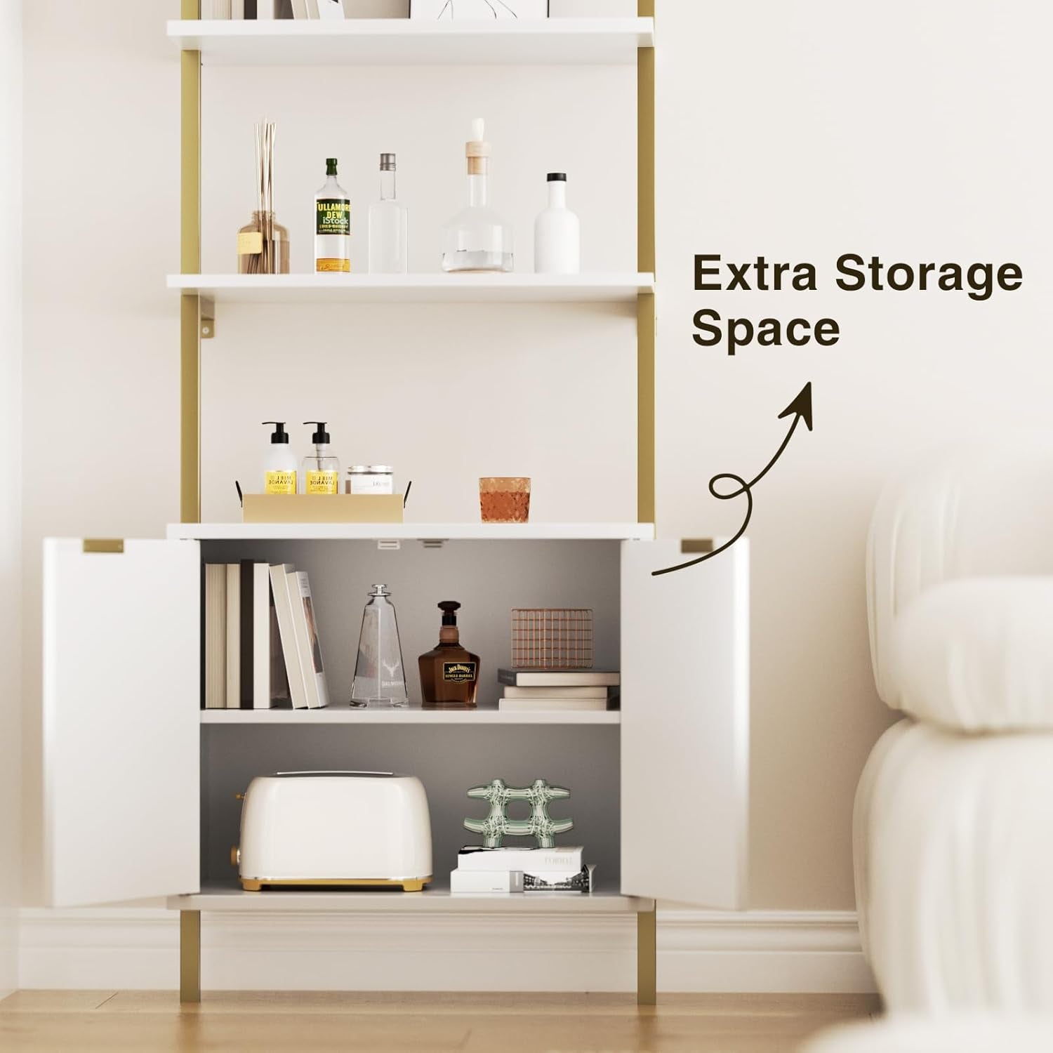 3 Tier White & Gold Ladder Shelf with Storage Cabinet, Modern Ladder Bookshelf with Doors, Wall Mount Bookcase with Metal Frame, Display Shelves for Living Room, Bedroom, Bathroom, Home Office