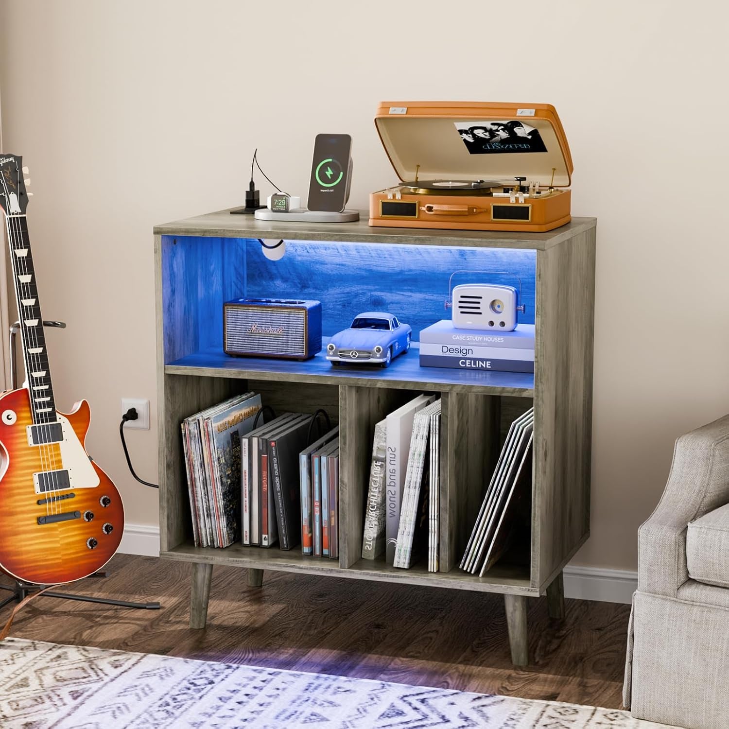 Record Player Stand with Open Vinyl Storage, Mid-Century Album Storage Table with LED Light up to 300 Albums, Vinyl Record Player Shelf with Power Outlet for Living Room, Grey Oak