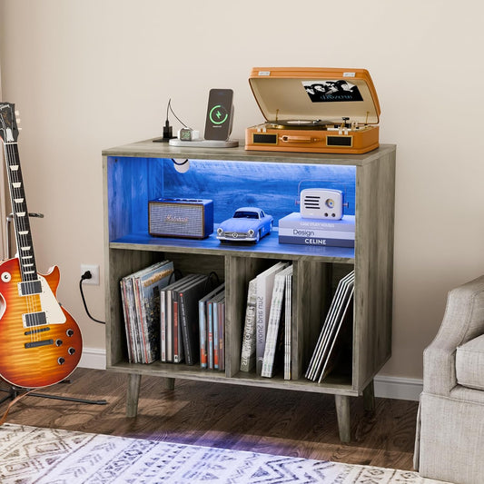 Record Player Stand with Open Vinyl Storage, Mid-Century Album Storage Table with LED Light up to 300 Albums, Vinyl Record Player Shelf with Power Outlet for Living Room, Grey Oak