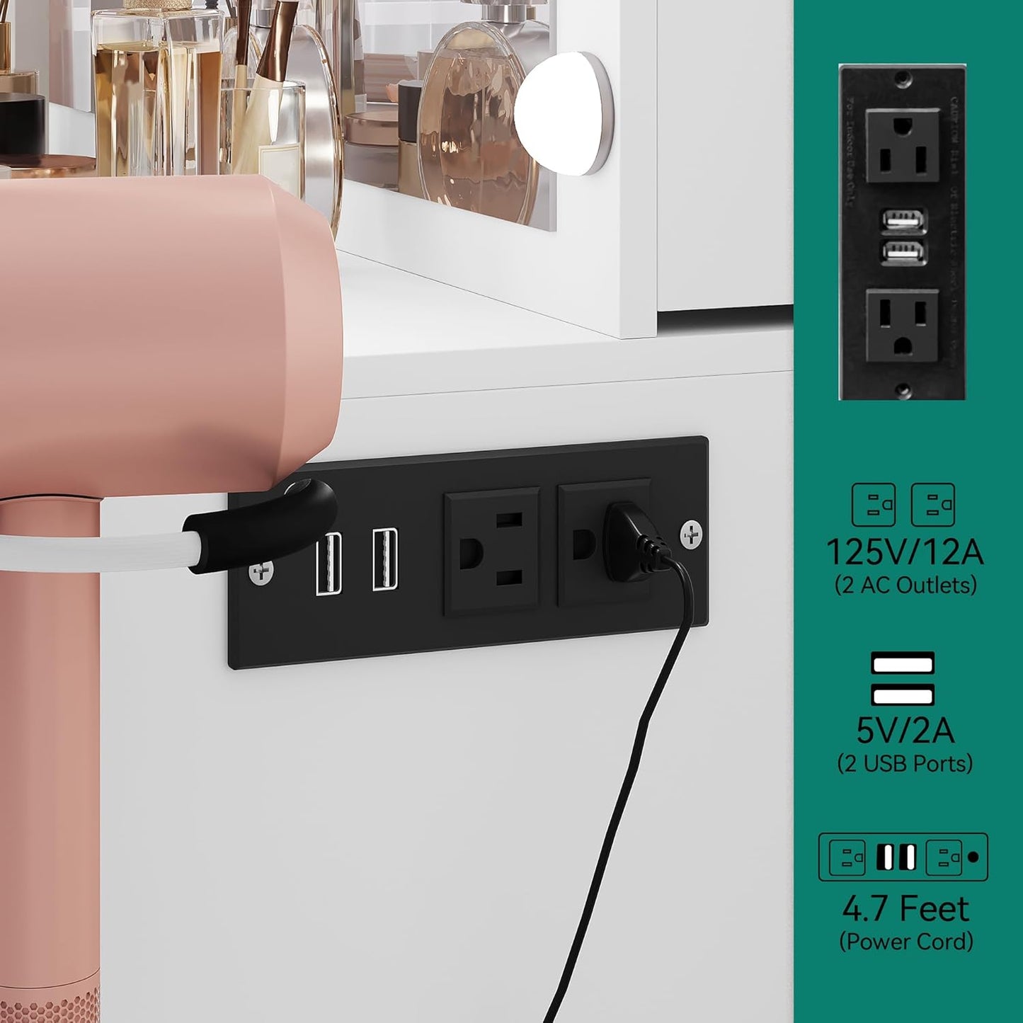 Makeup Vanity Table with Lighted Mirror, Cushioned Stool, 4 Storage Drawers & Hidden Jewelry Organizer, 3-Mode LED Lighting