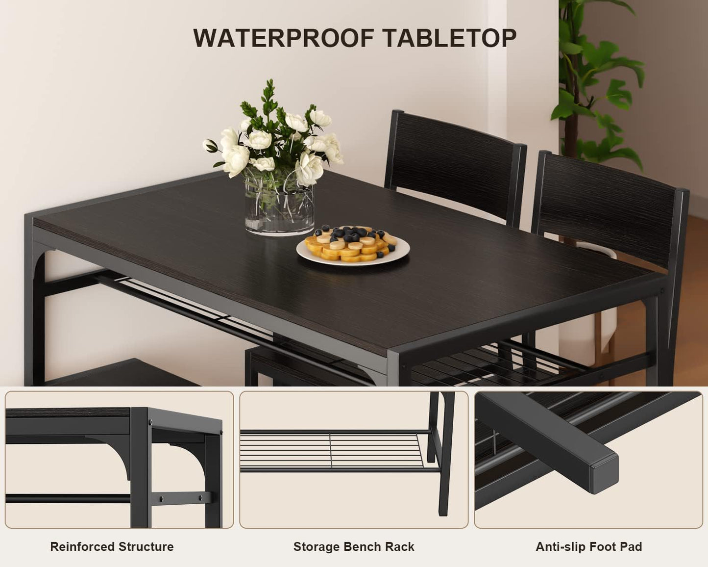 Kitchen Table and 2 Chairs for 4 with Bench, 4 Piece Dining Table Set for Small Space, Apartment