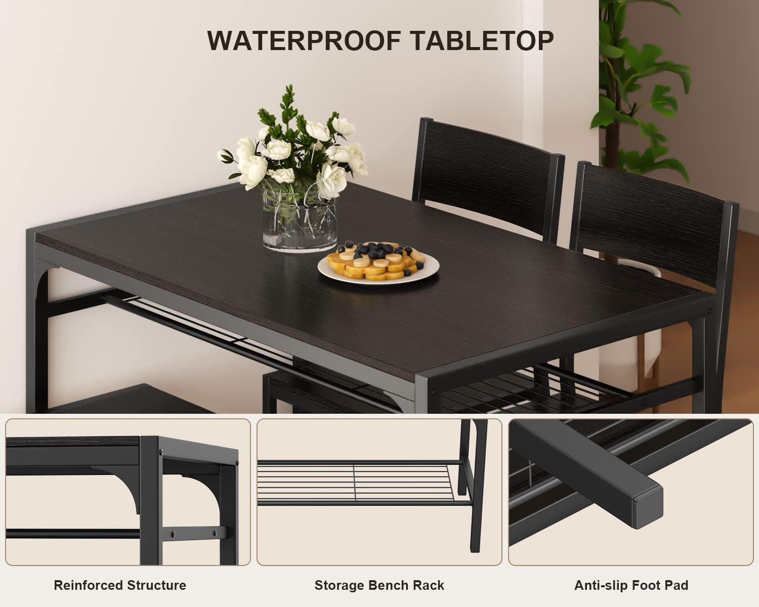Kitchen Table and 2 Chairs for 4 with Bench, 4 Piece Dining Table Set for Small Space, Apartment