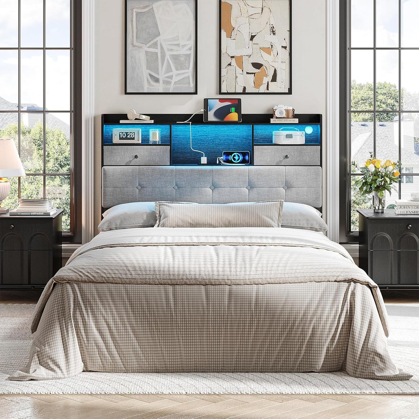 Headboard Queen Size with Storage, Queen Headboard Only with 2 Drawers, Charging Station and LED Lights, Upholstered Headboards Easy Assembly, Black&Grey