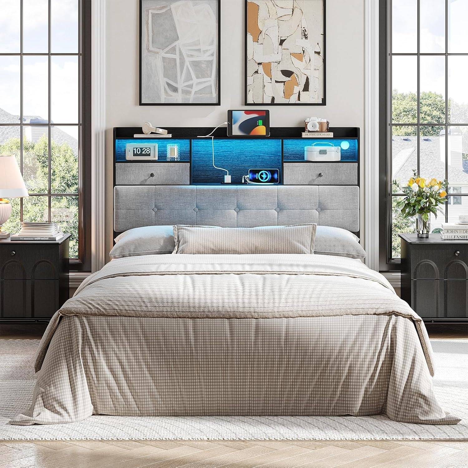 Headboard Queen Size with Storage, Queen Headboard Only with 2 Drawers, Charging Station and LED Lights, Upholstered Headboards Easy Assembly, Black&Grey