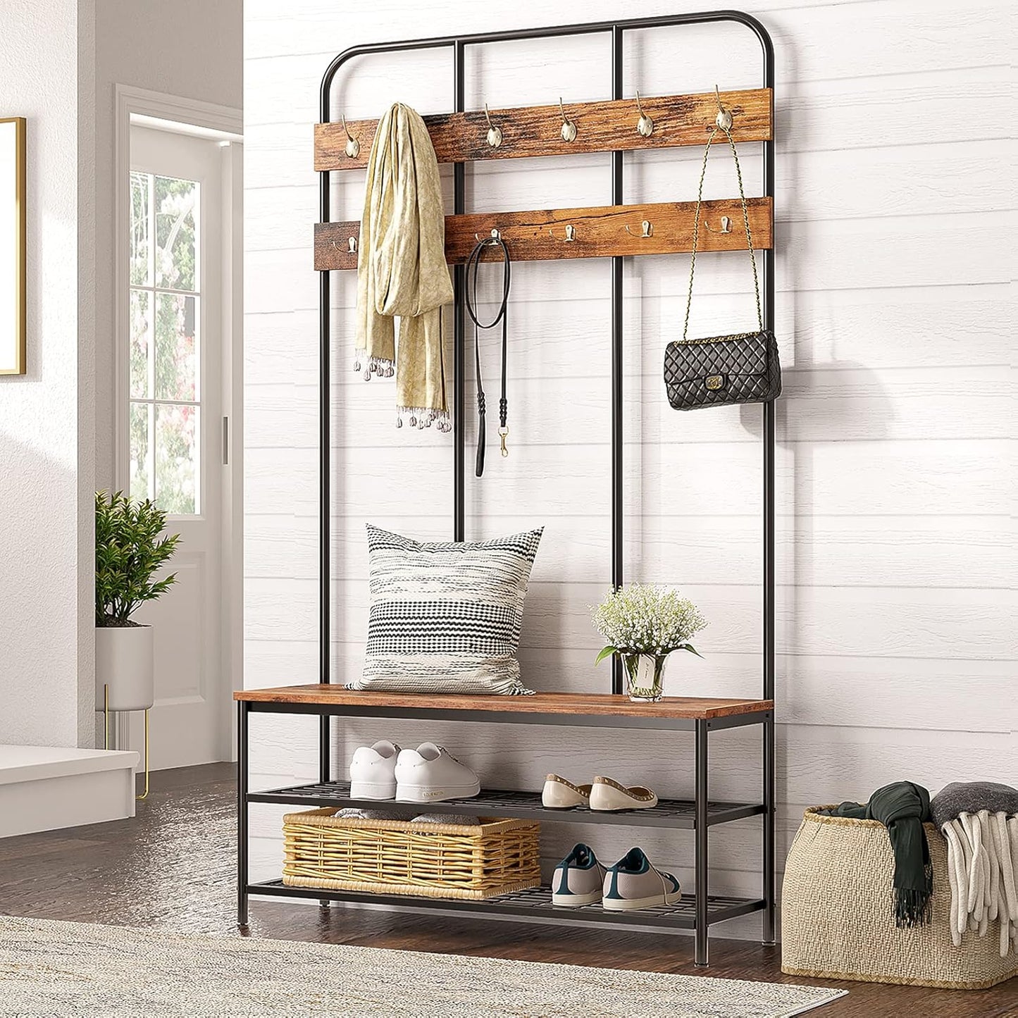 Hall Tree with Bench, Entryway Bench with Coat Rack, Mud Room Rack with 12 Double Hooks and Shoe Storage, Coat Tree, Shoe Rack Organizer, for Foyer, Front Door, Rustic Brown BF05MT01