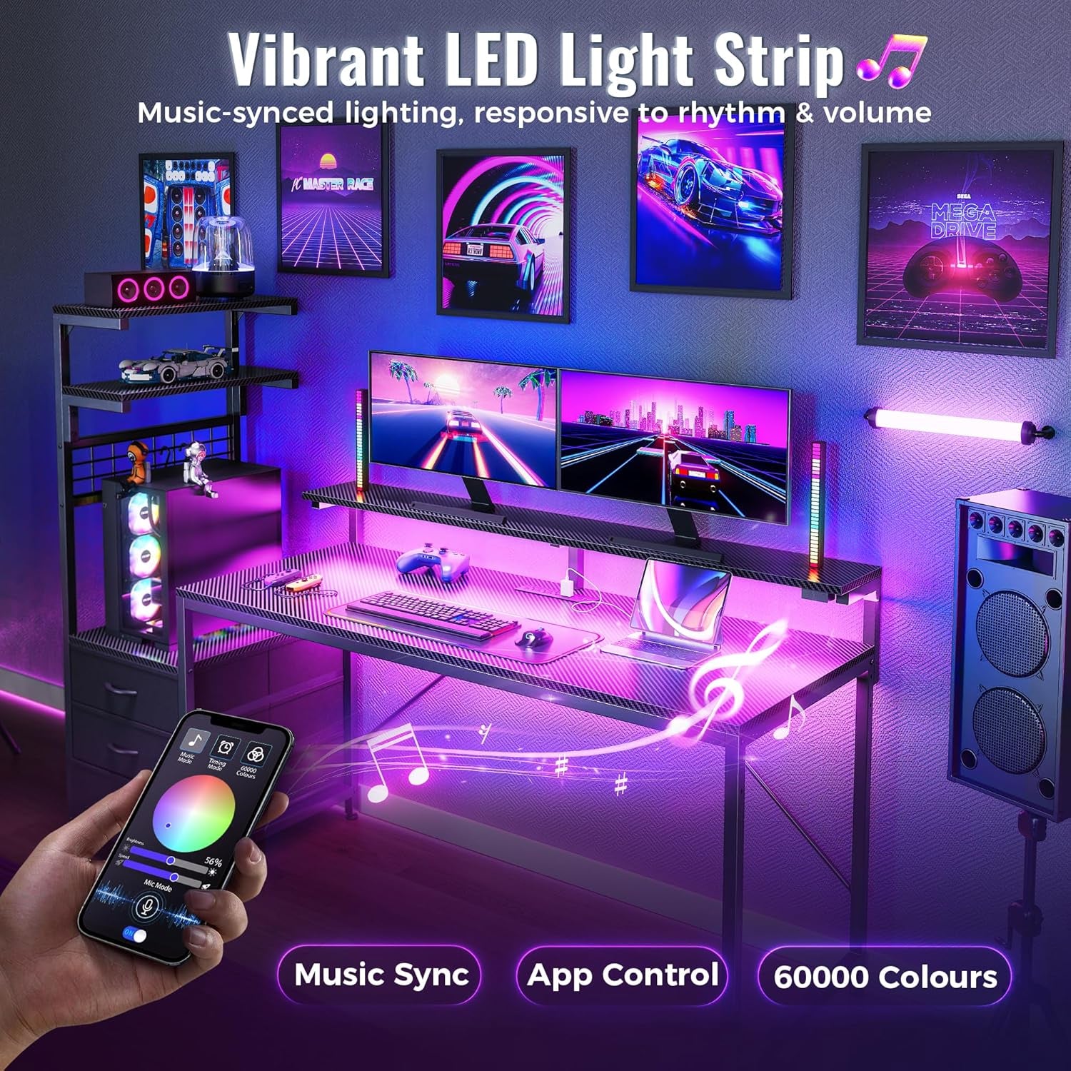 61.7" Gaming Desk with LED Lights & Outlets, Computer Desk with 3 Fabric Drawers, PC Desk with PC Case Stand & Movable Storage Shelves, Monitor Stand, Reversible, Carbon Fiber Black