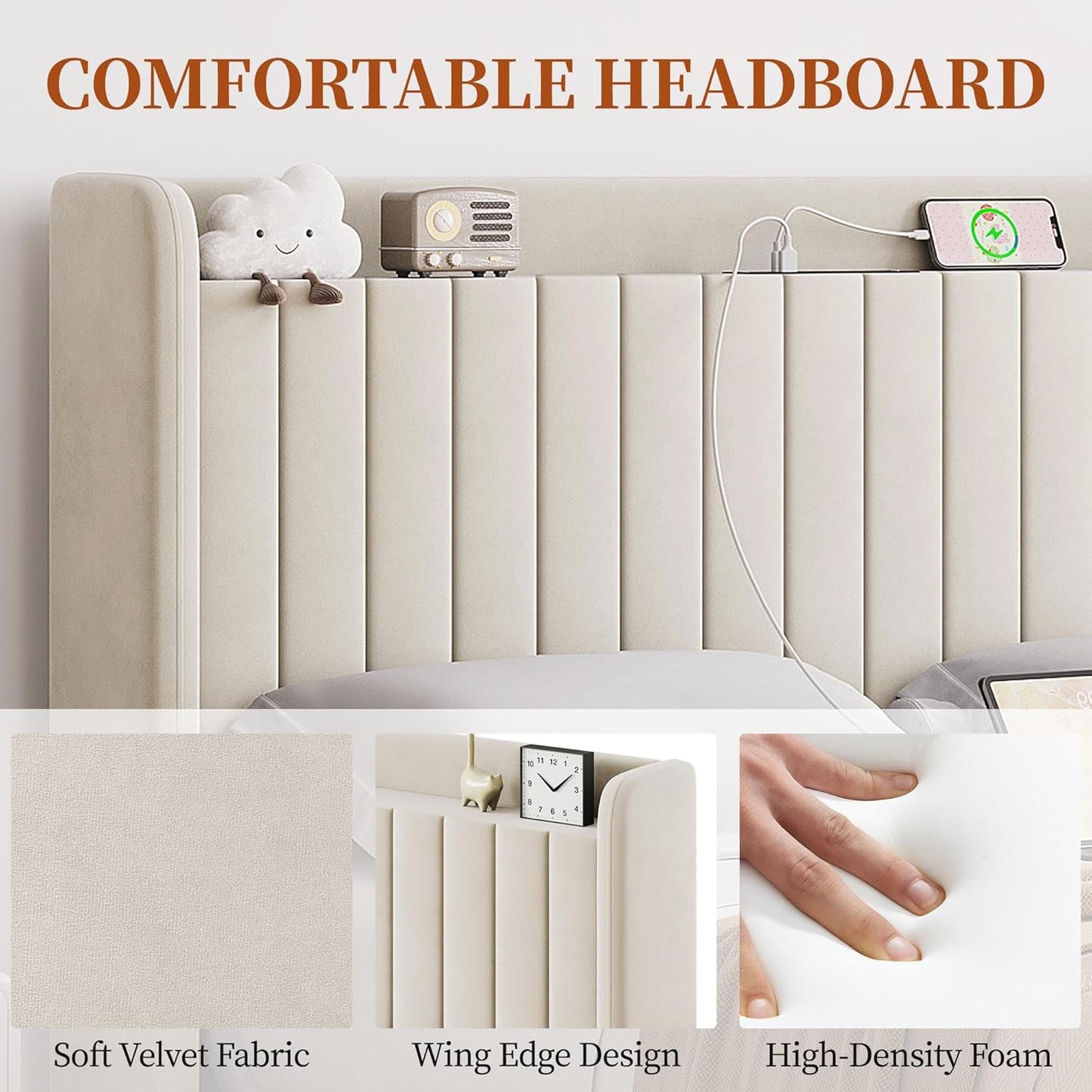 Queen Bed Frame with USB Charging Station and Storage Shelf/Upholstered Headboard Platform Bed with Wing Side/Wooden Slats Support/Noise Free/No Box Spring Needed/Easy Assembly, Beige