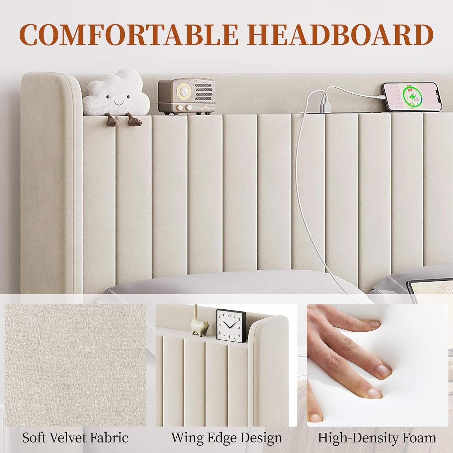 Queen Bed Frame with USB Charging Station and Storage Shelf/Upholstered Headboard Platform Bed with Wing Side/Wooden Slats Support/Noise Free/No Box Spring Needed/Easy Assembly, Beige