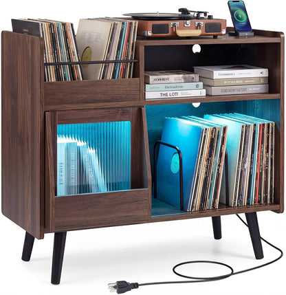 Large Record Player Stand with LED Light, Mid Century Modern Turntable Stand W/Sliding Door, Charging Station & Solid Wood Leg, Record Player Table, Vinyl Record Storage for Living Room, Brown