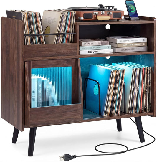Large Record Player Stand with LED Light, Mid Century Modern Turntable Stand W/Sliding Door, Charging Station & Solid Wood Leg, Record Player Table, Vinyl Record Storage for Living Room, Brown