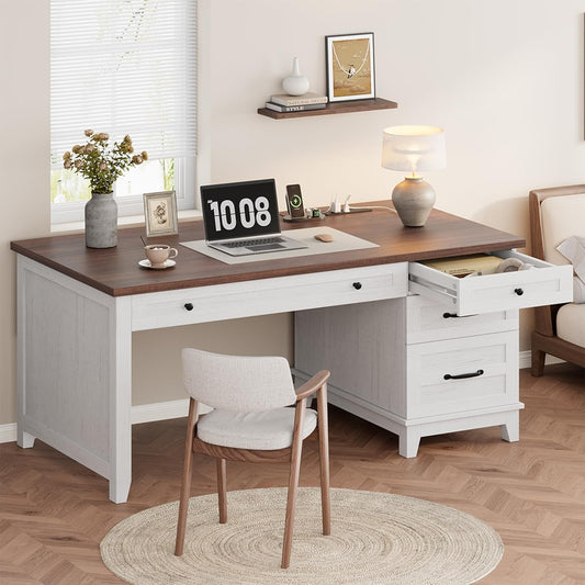 53.5" Wooden Home Office Desk with File Drawers, Executive Desk with Power Outlet, Farmhouse Wood Desk with Storage, Distressed Study and Work Table, Rustic White