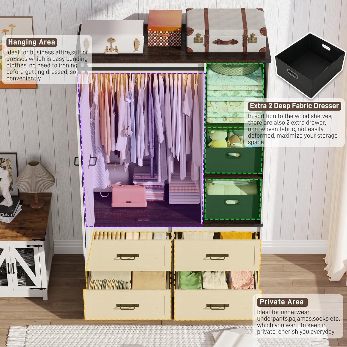 Farmhouse 3 Doors Armoire Wardrobe Closet W/Folding Sliding Barn Door and Lights, LED Armoire Closet W/Drawers for Bedroom, Freestanding Wooden Wardrobe Storage Closets W/Hanging Rod,Antique White