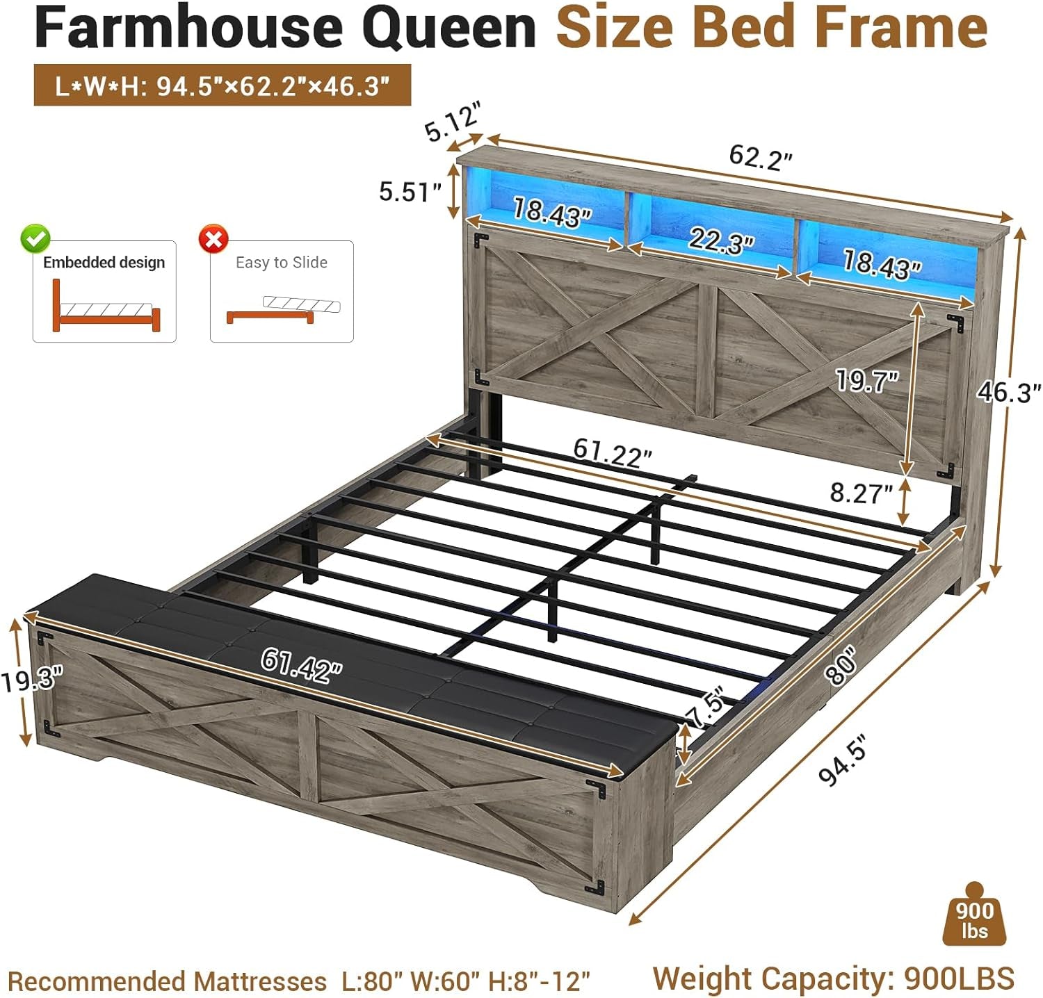 Queen Size Bed Frame with Storage Ottoman, Farmhouse Bed Frame with Charging Station and Led Light, Headboard with Storage Rack, Metal Slats, No Noise Design, No Box Spring Needed,Oak Grey