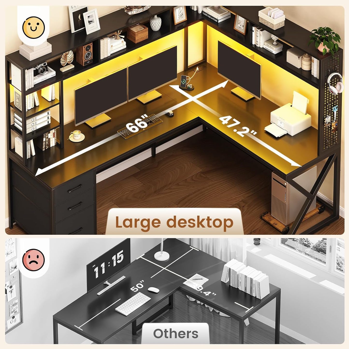 L Shaped Desk with Hutch and 3 Drawers, Convertible 94.5" Computer Desk with File Drawer, L Shaped Office Desk with Power Outlet, LED Lights, Storage and Pegboard for Home Office, Brown