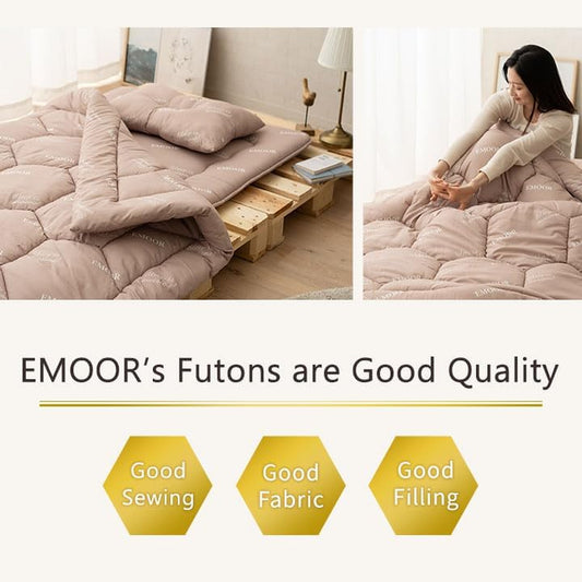 7-Piece Complete Japanese Floor Futon Set with Storage Bag (Comforter, Mattress, Pillow, 3 Covers & Storage Bag) First-Set, Twin Long Size, Fordable Sleeping Bed, Tatami Mat Pad
