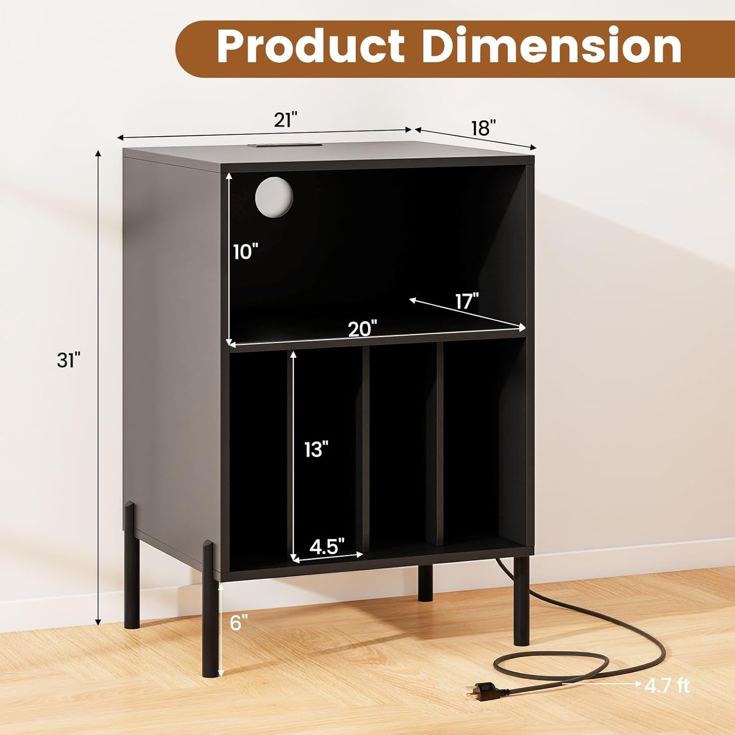 Record Player Stand, Turntable Side Table Nightstand W/Charging Station & Vinyl Record Storage Cabinet Holds up to 150 Albums, Record Player Holder for Living Room (Black, 31" H)