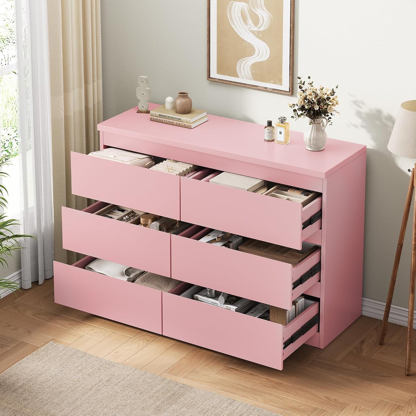 Modern Pink 6 Drawer Dresser - Simply Chest of Drawers for Bedroom, Closet, Living Room, Hallway, Entryway, Wood Storage Double Dresser with Smooth Metal Rails - Pink
