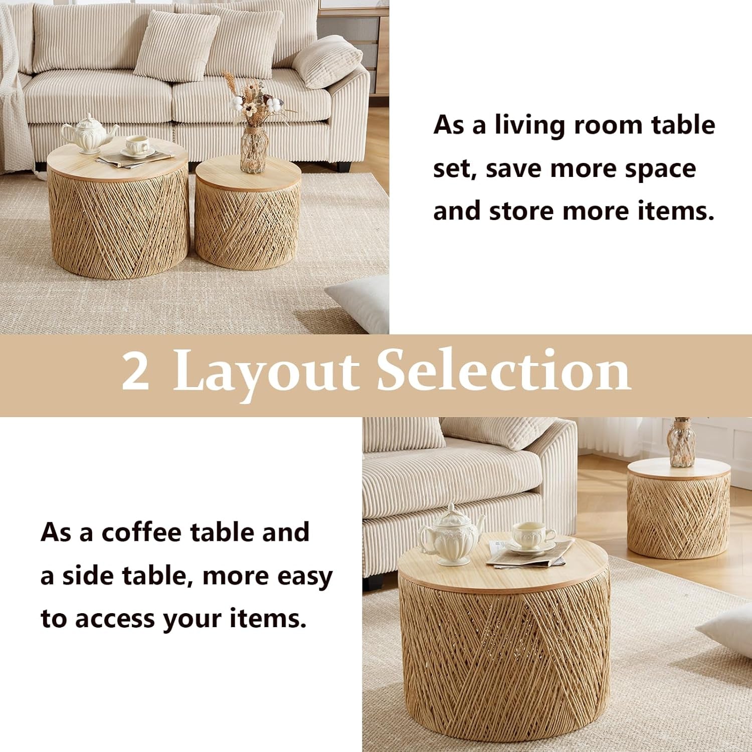 24" round Wood Nesting Coffee Table Set of 2 Handcraft Woven & Rope Rattan Sofa Tables Both with Storage Drum End Side Table for Small Space Living Room No Assembly Needed, Natural Color