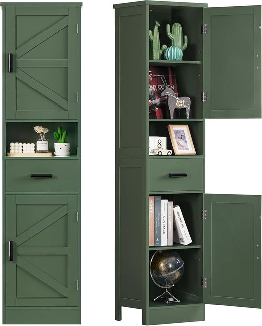 67" H Tall Bathroom Storage Cabinet with 2 Barn Doors and 1 Drawer, Narrow Bathroom Cabinet, Narrow Storage Unit, Adjustable Shelves, Floor Cabinets for Living Room, Kitchen, Forest Green