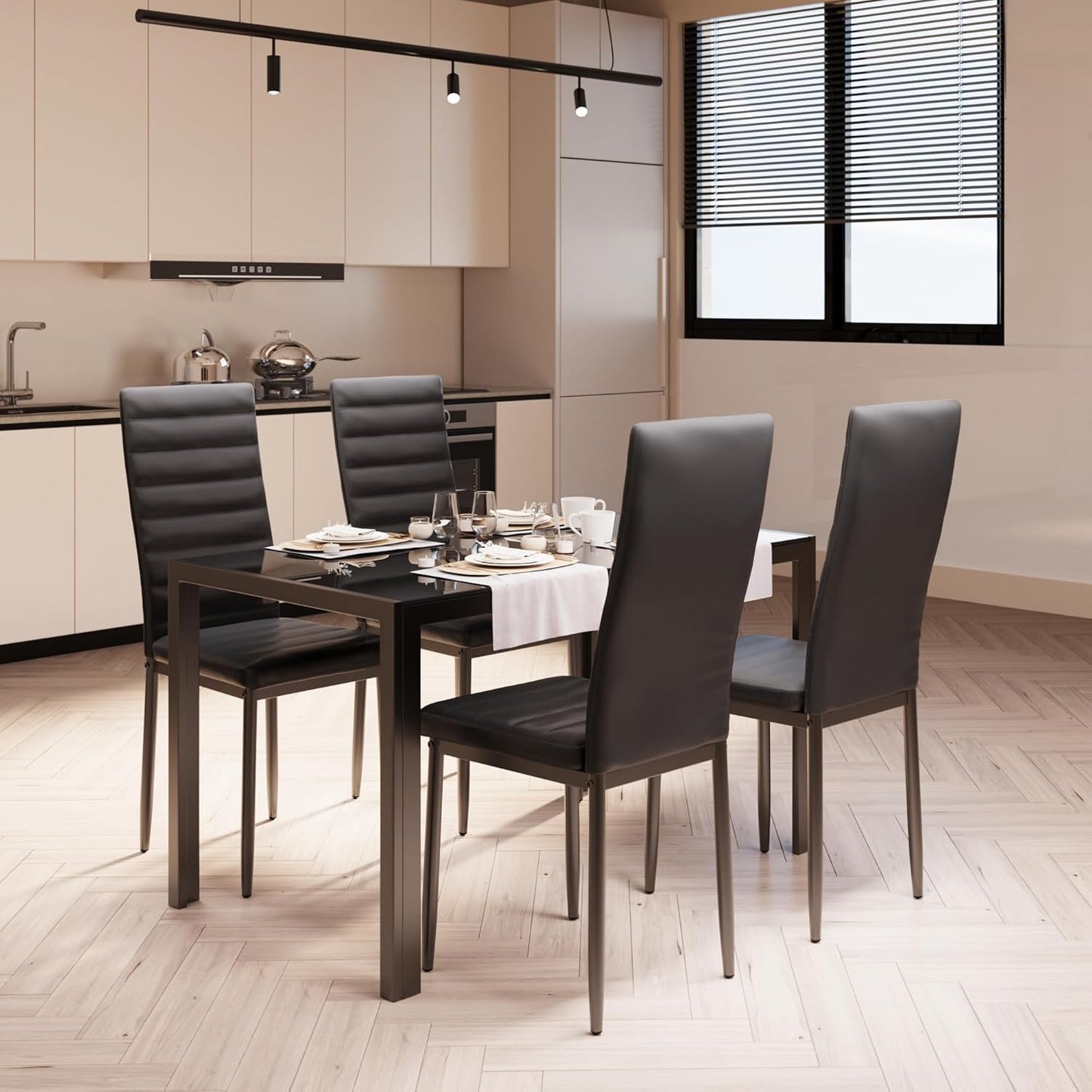 Kitchen Dining Table Set for 4, Tempered Glass 5 Piece Table and Chairs Set Modern for Home, Kitchen, Living Room, Dining Room (Black)